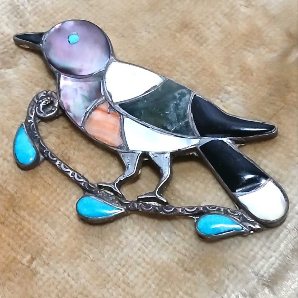 1940s Vintage Native American Zuni  Bird on Branch Inlay  Sterling Brooch Pin